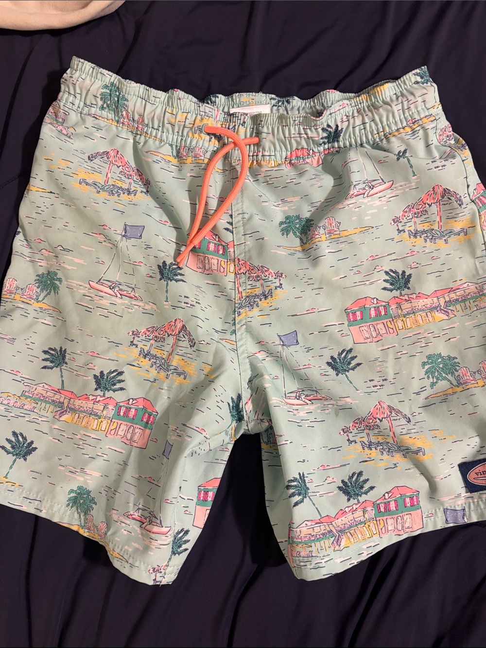 Vineyard Vines Mint Tropical Print Swim Trunks with Coral Drawstring